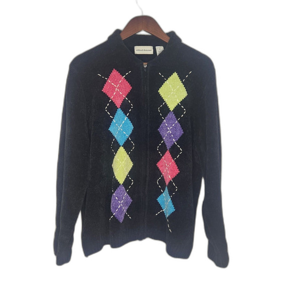 Alfred Dunner Sweaters - Alfred Dunner Black Argyle Zip Up Chenille Cardigan Sweater, Women's Size XL